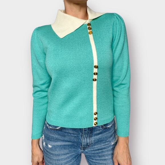 Vintage Sweaters - 80s Vivanti aqua Sweater w/‎ Buttons